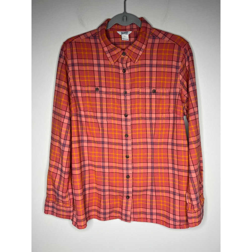 Duluth Trading Free Swingin Flannel Shirt Pink Orange Plaid Women's L